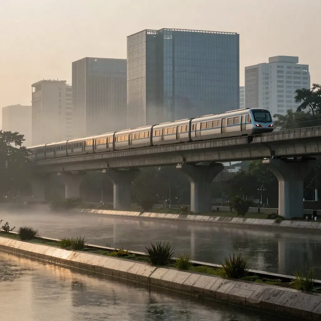 Rainy dawn Bengaluru Metro viaduct above misty lake, banyan trees, and distant glass towers