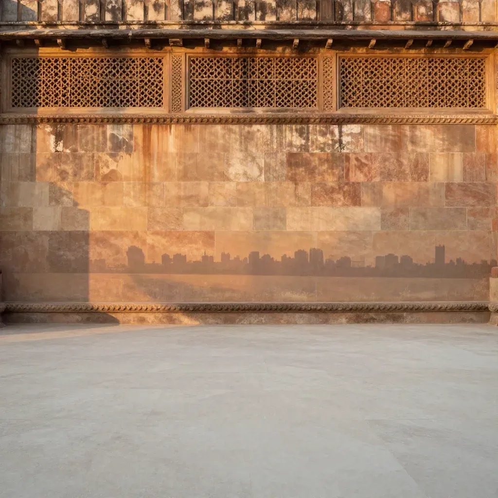 Sandstone facade with hazy city silhouettes and calm open ground for copy