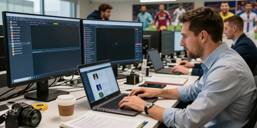 ข่าวตลาดซื้อขายนักเตะ in a vibrant newsroom with journalist tracking football transfer news.