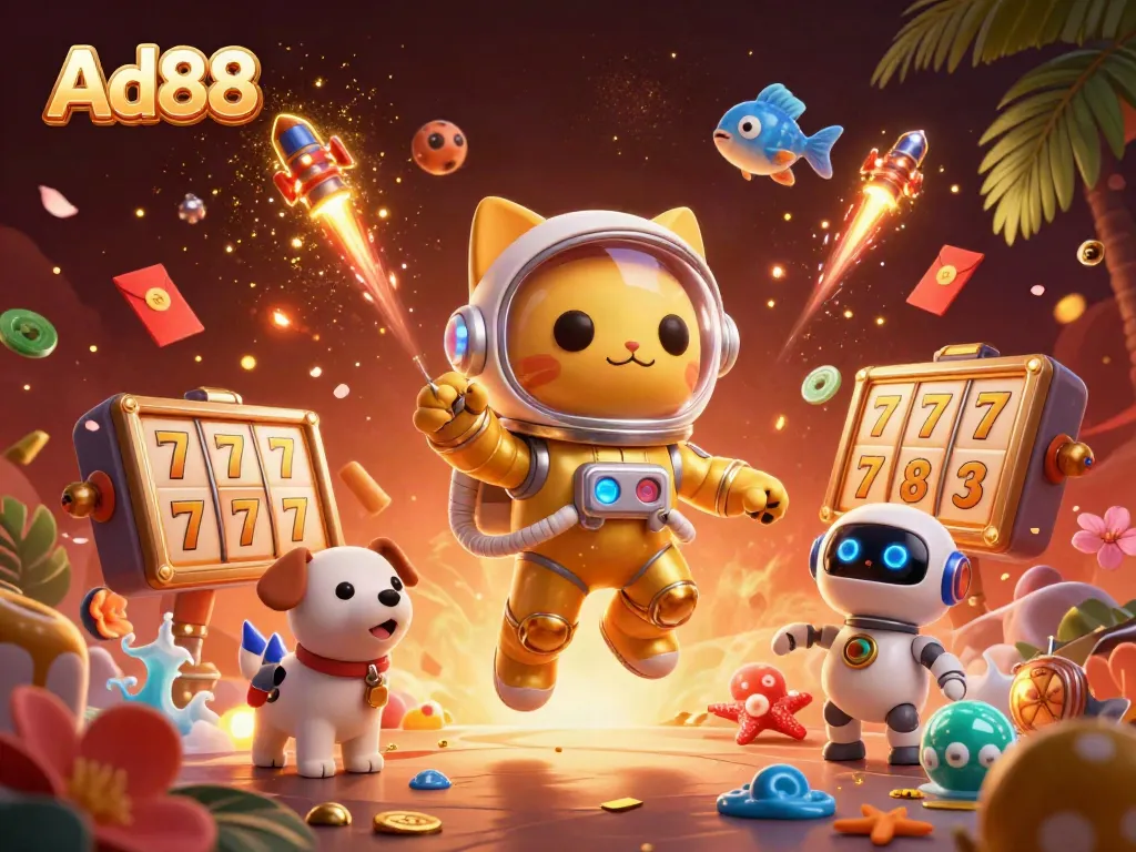 Experience Ad88's thrilling online casino excitement with dynamic slot reels and vibrant 3D characters.