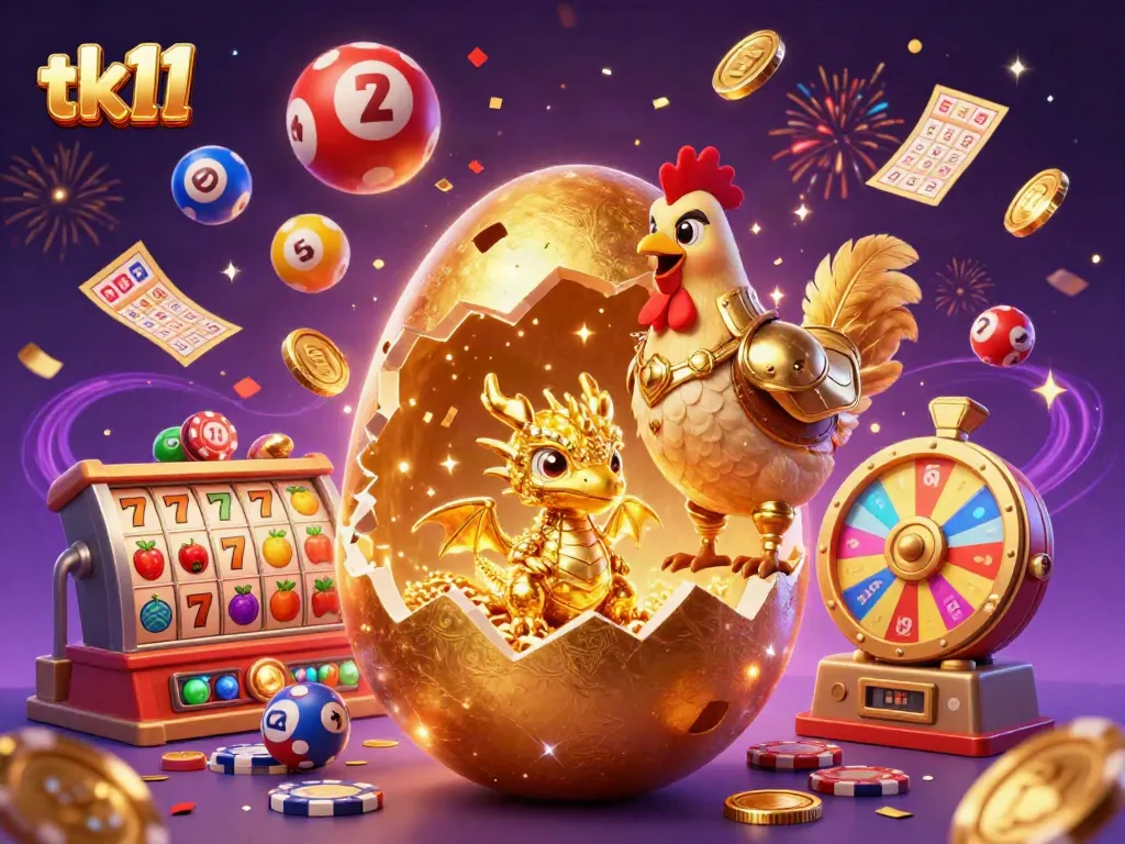 Experience the excitement of tk11 with a golden dragon guarding poker chips, vibrant slot reels, and festive lottery elements.