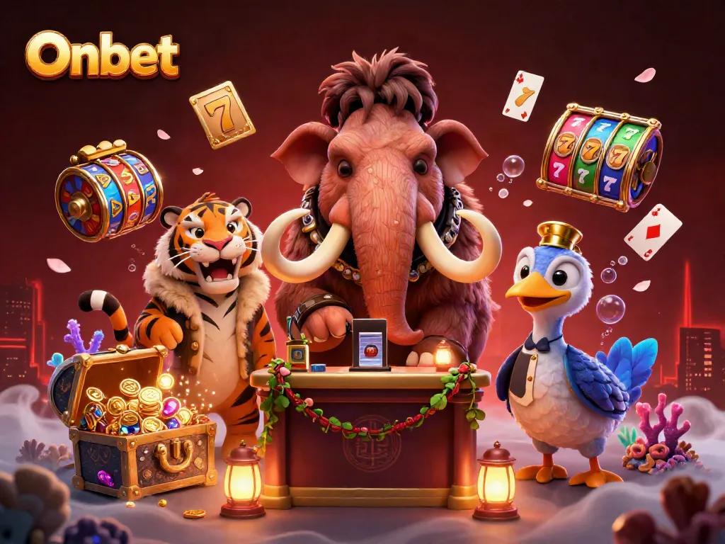 Experience the Onbet scene with a mammoth bouncer, saber-tooth VIP, and dodo doorman amidst slot reels and golden treasures.