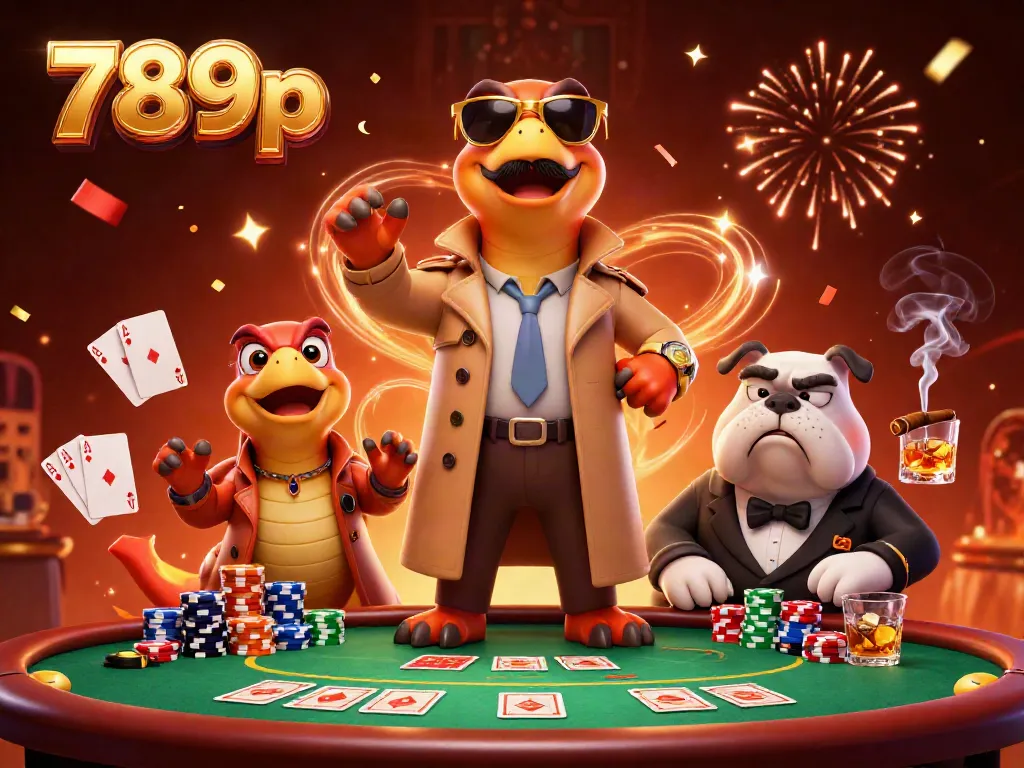 Raptors in a trench coat attempting to enter 789p's VIP casino lounge with poker elements and confetti.