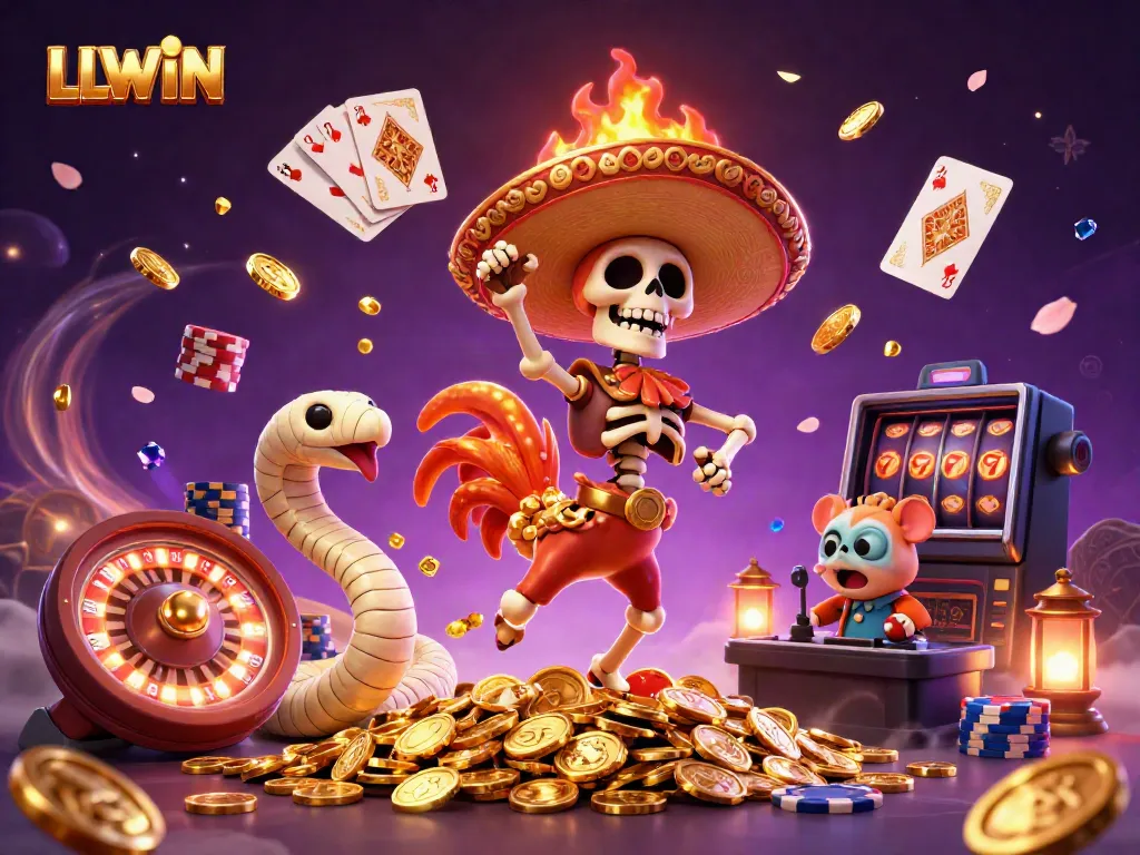 LLWIN features a celebrating mariachi rooster and friends in a vibrant casino scene filled with gold coins.