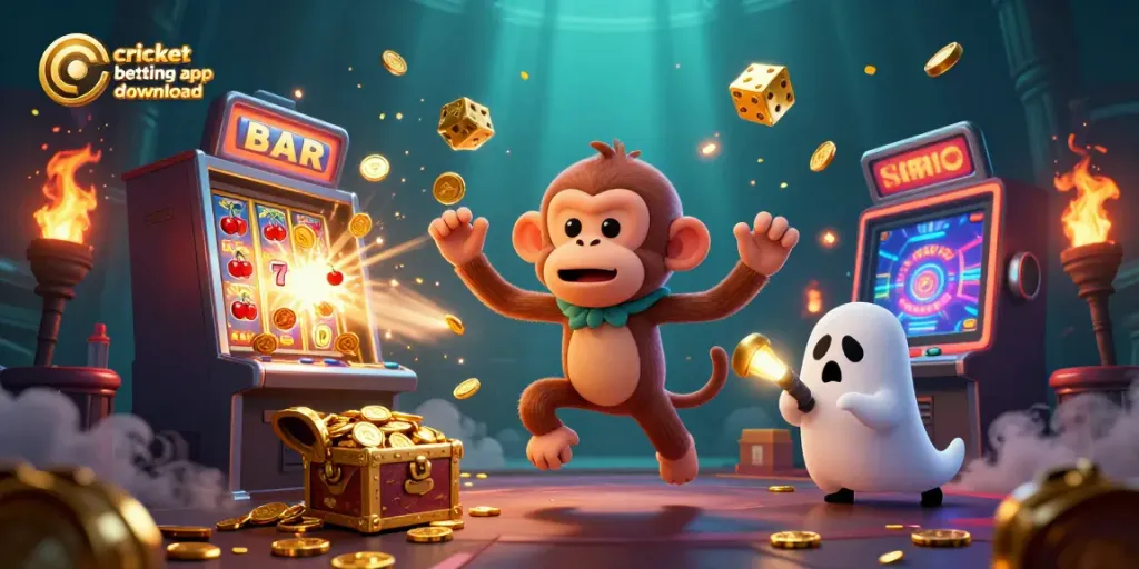 Engage with the cricket betting app download, featuring a playful poltergeist monkey and poker-themed elements.