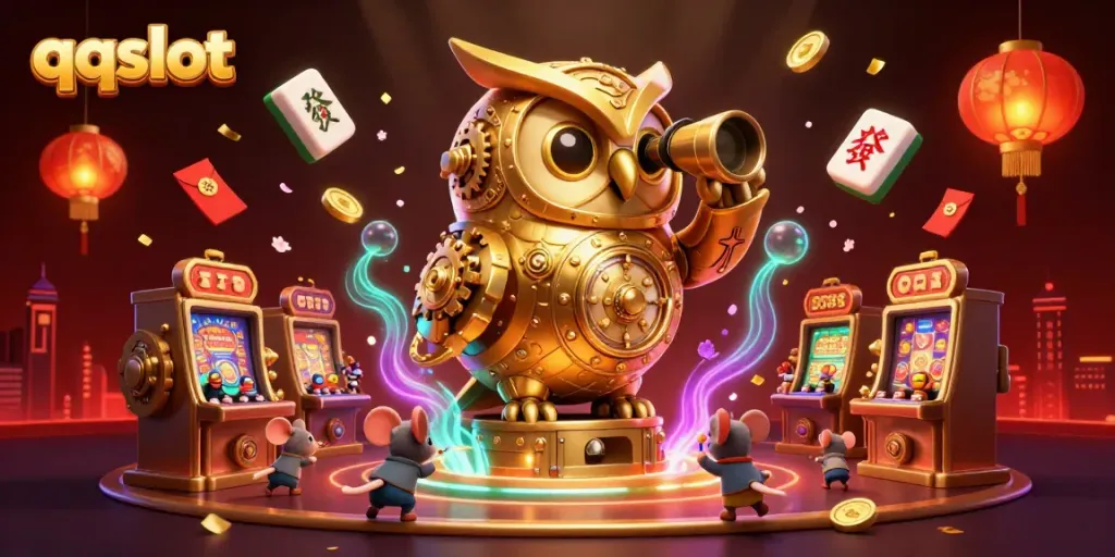 Experience qqslot with a whimsical 3D scene featuring a golden clockwork owl and adorable mouse patrons in a vibrant casino setting.
