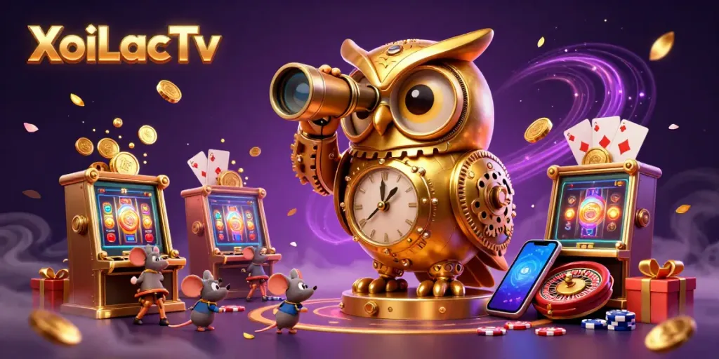 XoiLacTv channels excitement with colorful slot machines and lively owls in a vibrant casino scene.