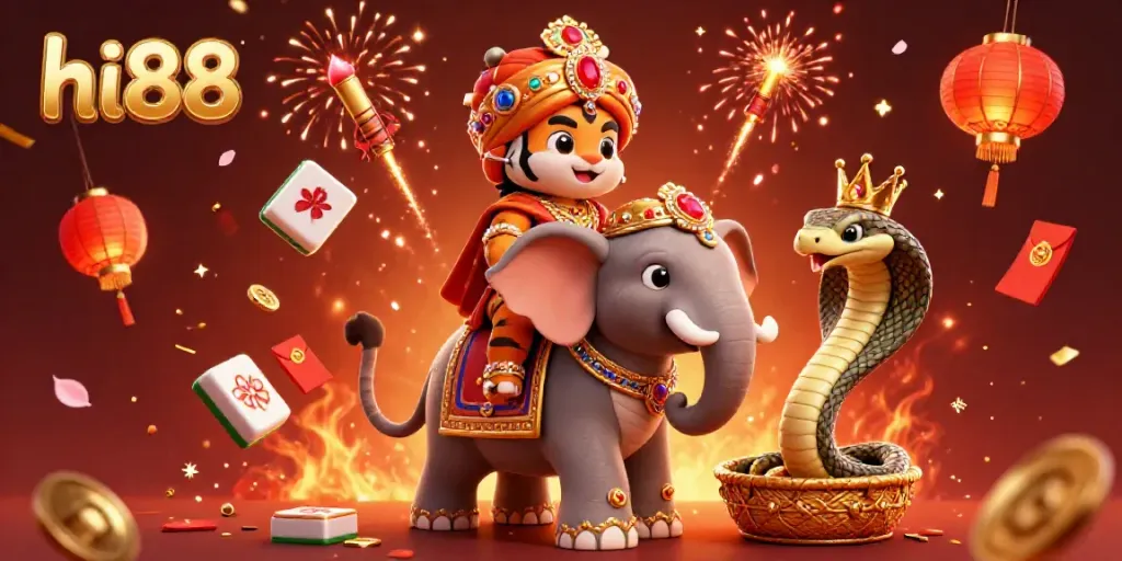 Experience thrilling gameplay at hi88 with a vibrant 3D scene featuring a tiger and elephant around festive gaming elements.