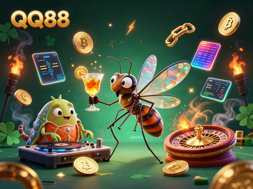Experience thrilling moments at QQ88 with vibrant casino characters and dynamic crypto elements