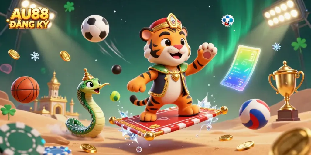 Engage in AU88 ĐĂNG KÝ with the tiger sultan on a poker chip carpet, surrounded by vibrant sports elements.