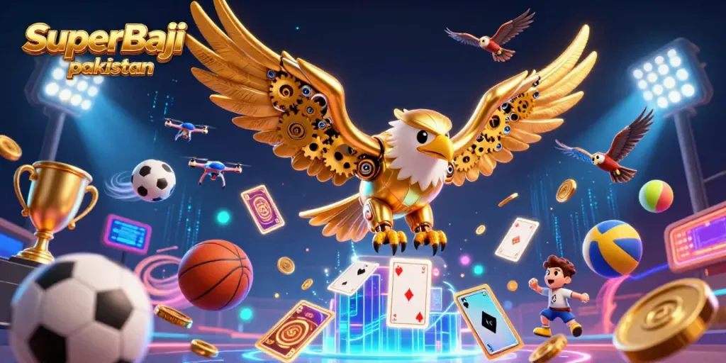 Engage in thrilling gameplay with SuperBaji pakistan as a cybernetic eagle dives through vibrant holographic cards.