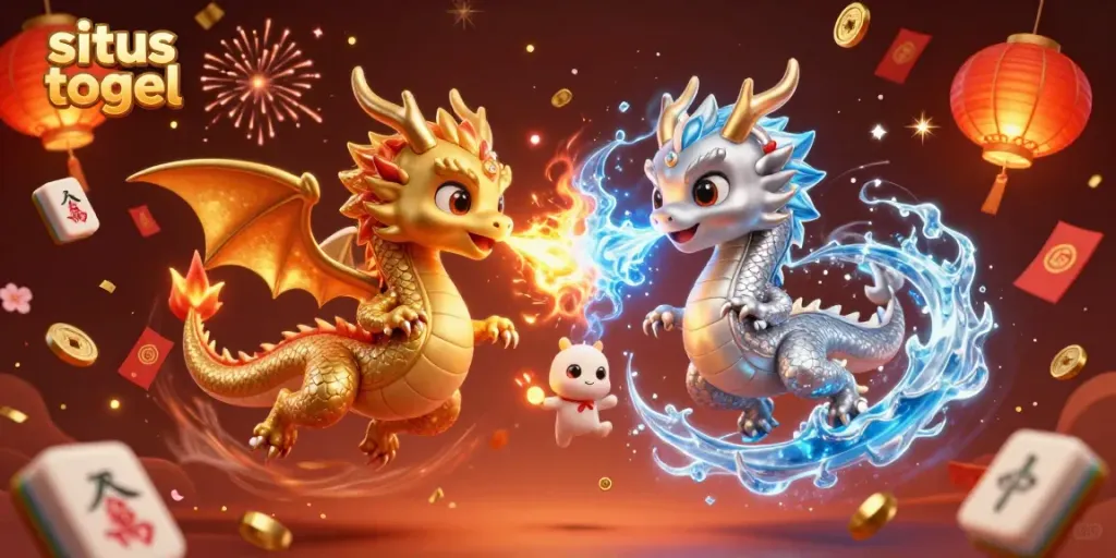 Witness an epic clash of fire and ice among golden dragons in this situs togel themed digital art.
