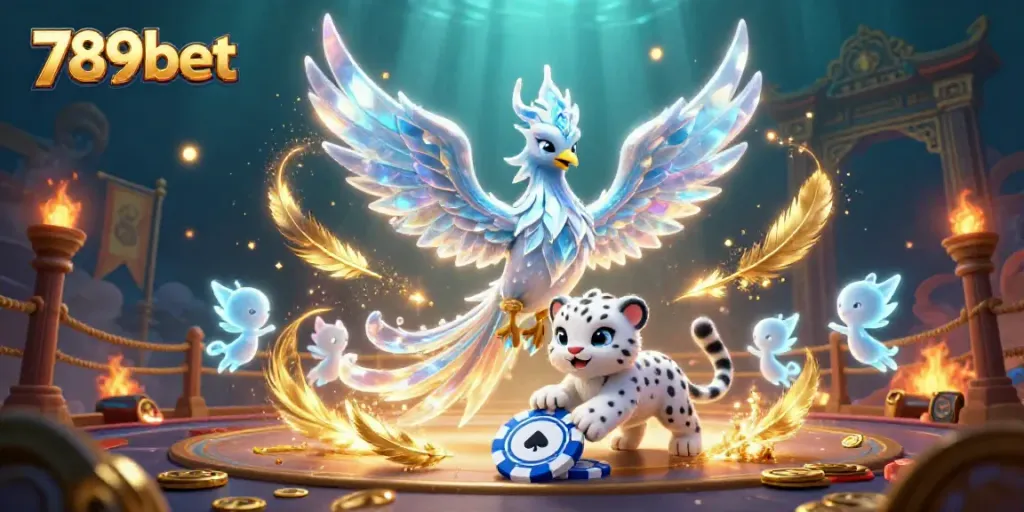 Experience the vibrant energy of 789bet's ice phoenix and playful cub amidst a captivating casino scene.