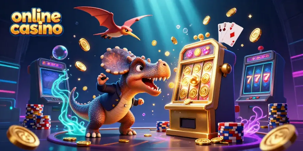 Cascade of golden coins around an animated pachycephalosaurus celebrating a jackpot at an online casino.