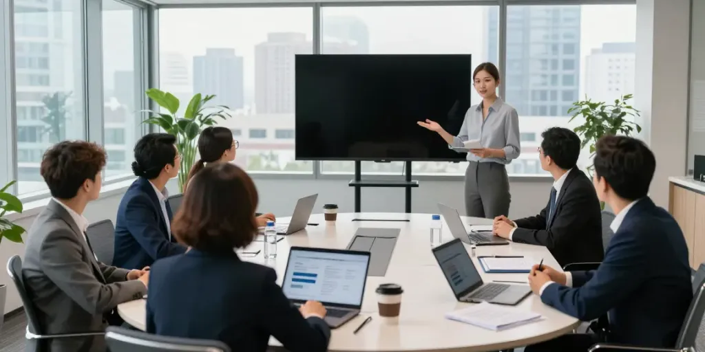 Team coaching for business leaders in a modern conference room, fostering collaborative strategies.