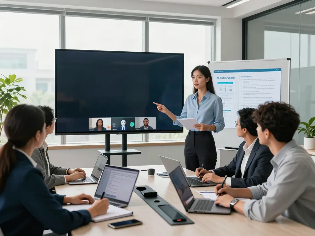 Deepfake protected Online Video Calls, Meetings and Conferencing team in a secure virtual meeting setting, showcasing technology and collaboration.