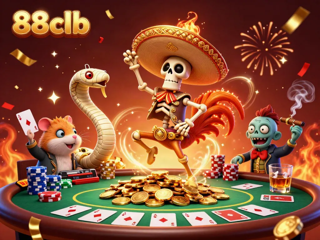 Join the 88clb celebration with a mariachi rooster, mummy snake, and zombie DJ amidst poker thrills