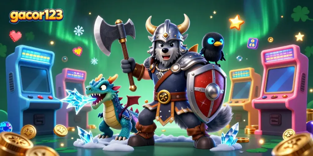Experience the immersive action with gacor123, featuring a Viking wolf warrior and dragon amid casino elements.