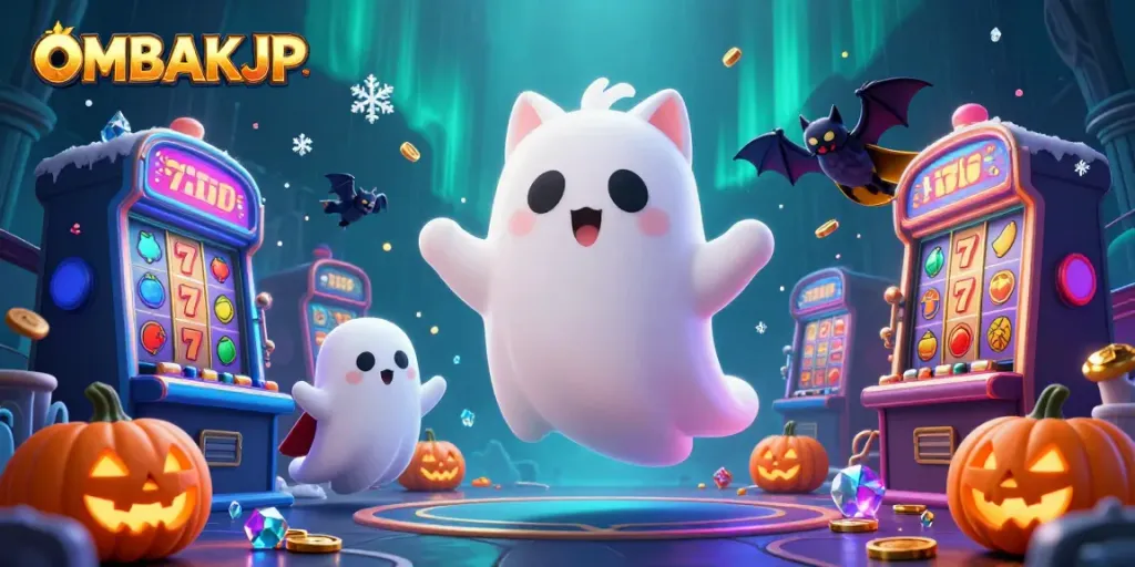 Engage with OMBAKJP in this vibrant haunted casino scene featuring a friendly ghost cat and vampire bat.