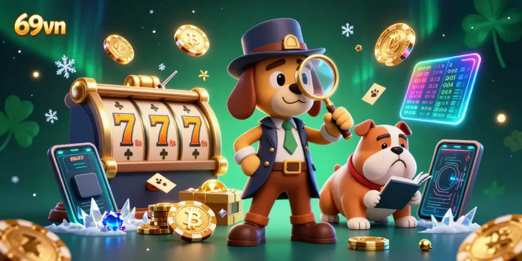 Experience thrilling gameplay with 69vn, featuring a detective examining a golden poker chip amidst dazzling slot reels.