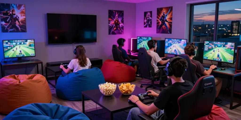 Gaming lounge with friends enjoying and engaging in activities at https://totobet.net/ with snacks and colorful lighting.