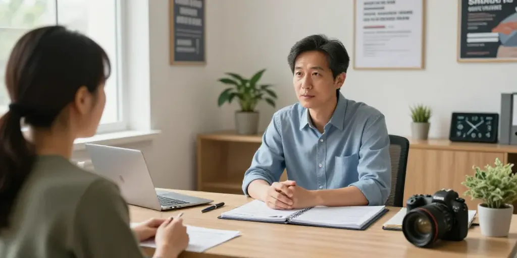 MPU wegen Drogen: A supportive traffic psychologist assists a client in a warm office setting.