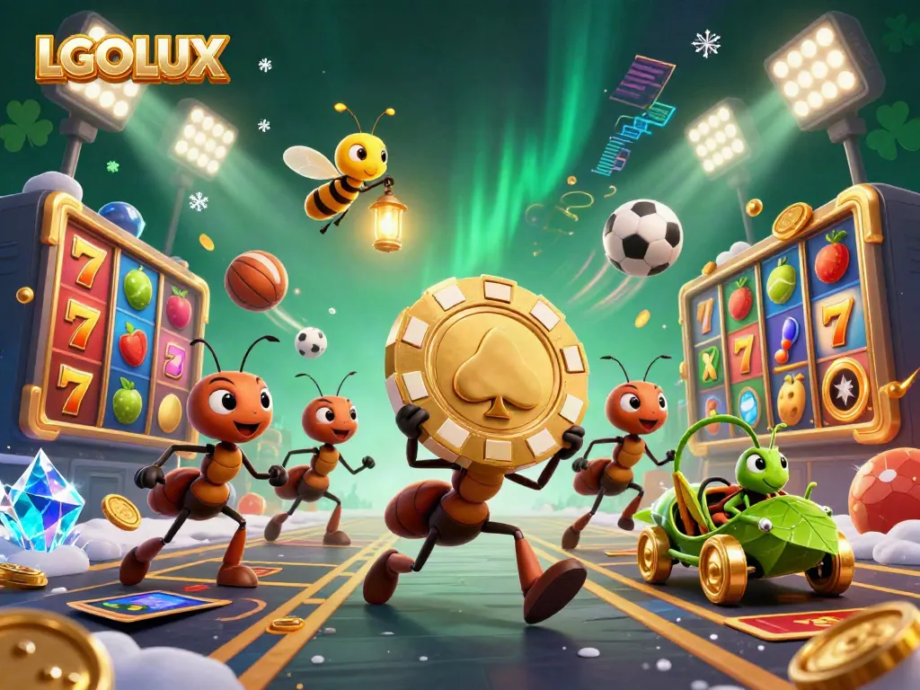 Experience the excitement of LGOLUX with a vibrant heist scene featuring cartoon ants in a casino.