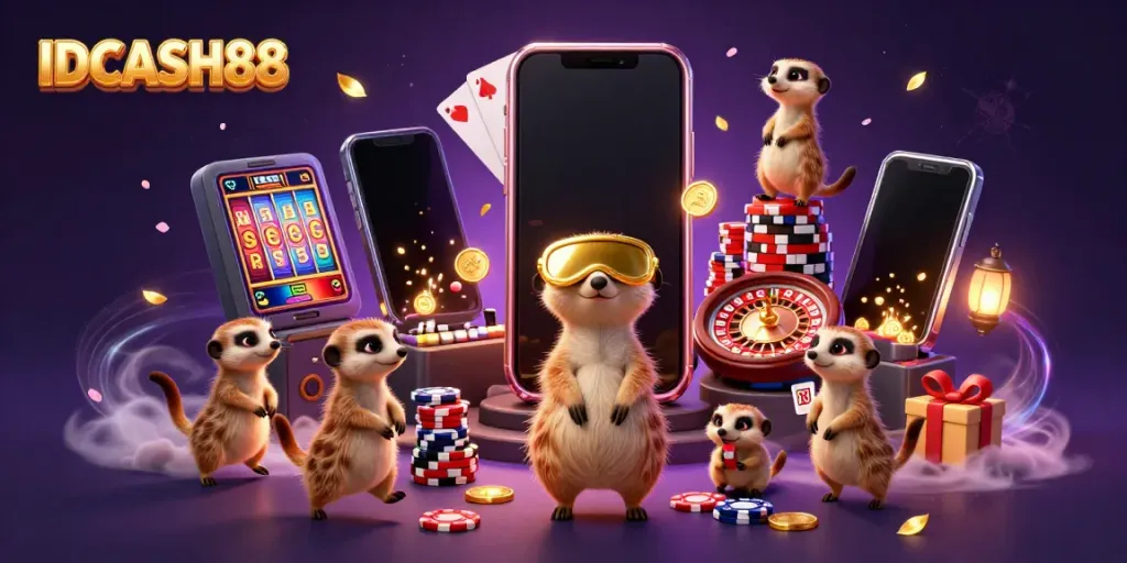 Experience thrilling play at IDCASH88 with meerkats managing a vibrant casino atmosphere and gaming elements.