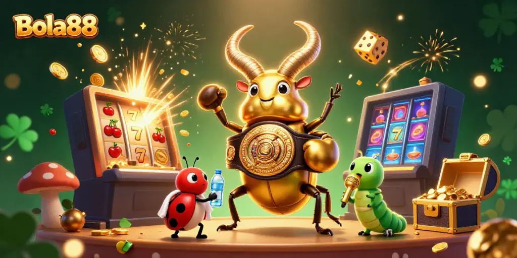 Experience the thrilling action of Bola88 with a giant golden stag beetle and vibrant casino elements.