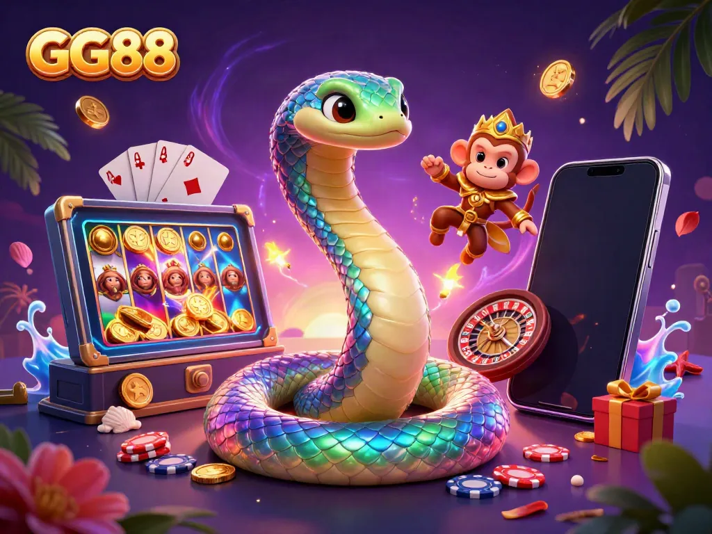 Engage in the thrilling world of GG88, where a vibrant rainbow serpent and monkey king bring excitement to online gaming.