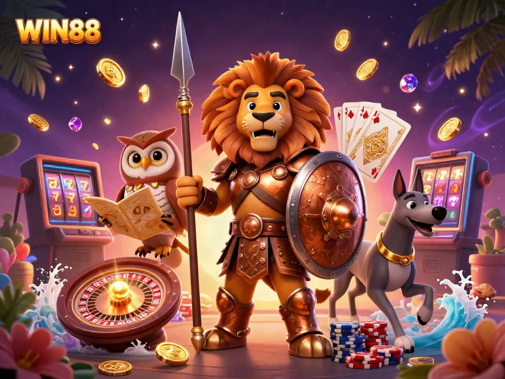 Experience the thrill of WIN88 with a vibrant 3D casino scene featuring game elements and characters.