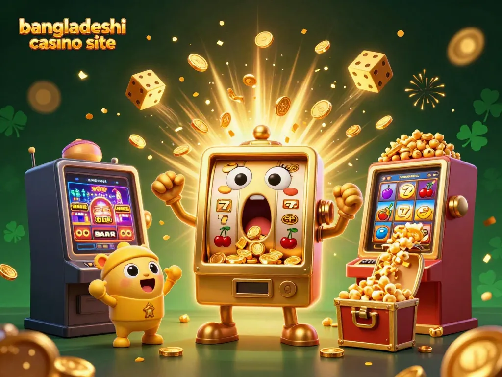 Exciting scene of a bangladeshi casino site featuring animated slot machines, coins, and festive game elements.