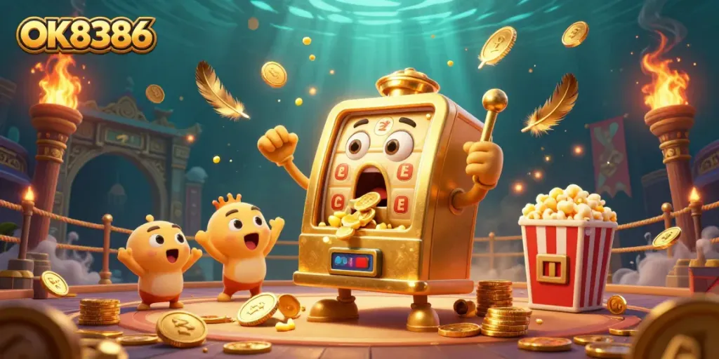 Experience the excitement of OK8386 with a bursting slot machine scene filled with coins and baby machines cheering.