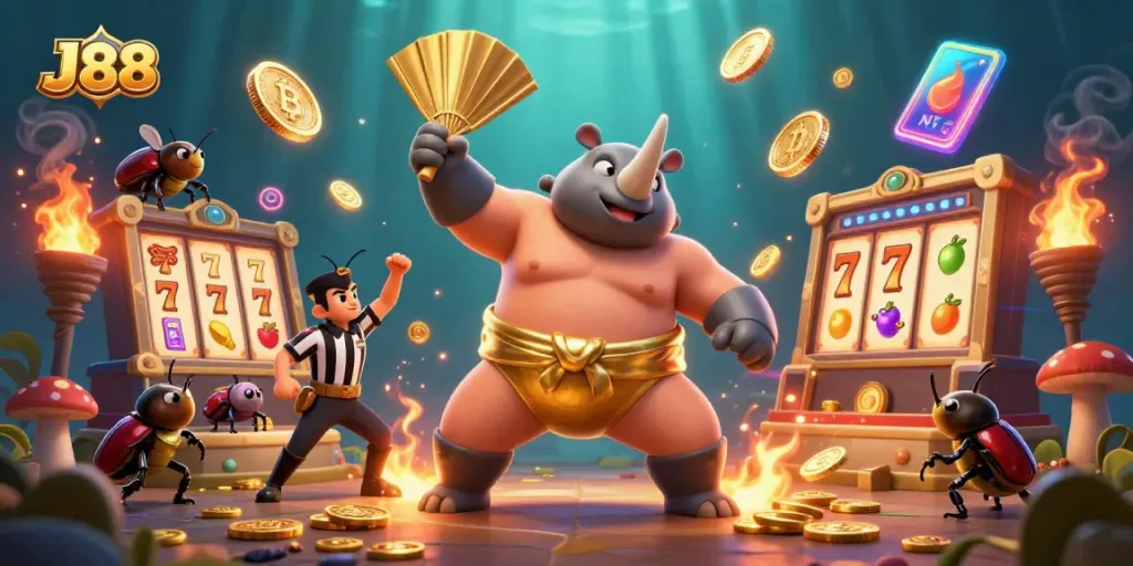Experience thrilling gameplay in J88-inspired slots with vibrant characters and dynamic visuals.