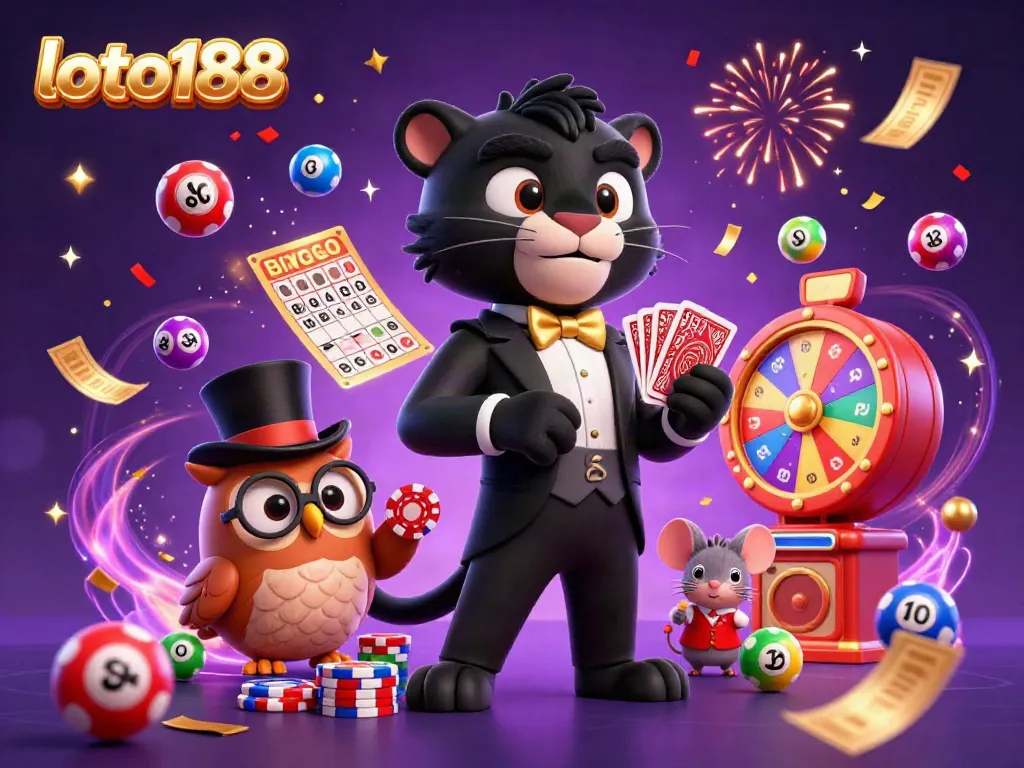 Engaging scene with loto188 characters celebrating while dealing cards and showcasing colorful lottery elements.