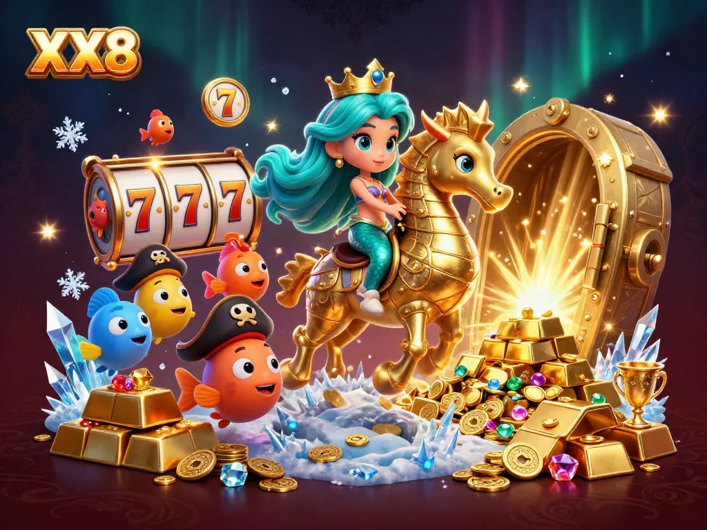 Engage with the vibrant XX8 casino scene featuring a mermaid princess, seahorse, and treasures.