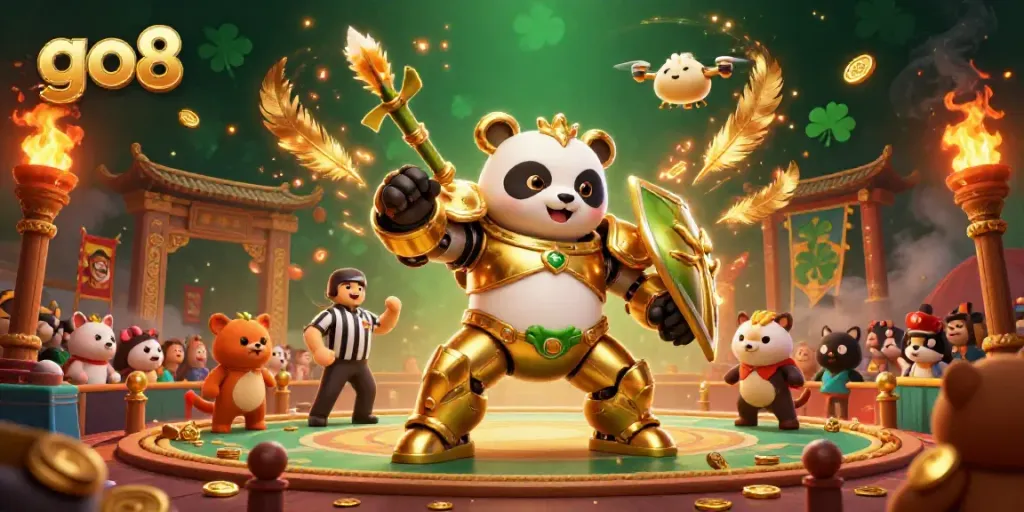Experience thrilling gameplay with go8 as a golden panda battles in a vibrant casino arena.