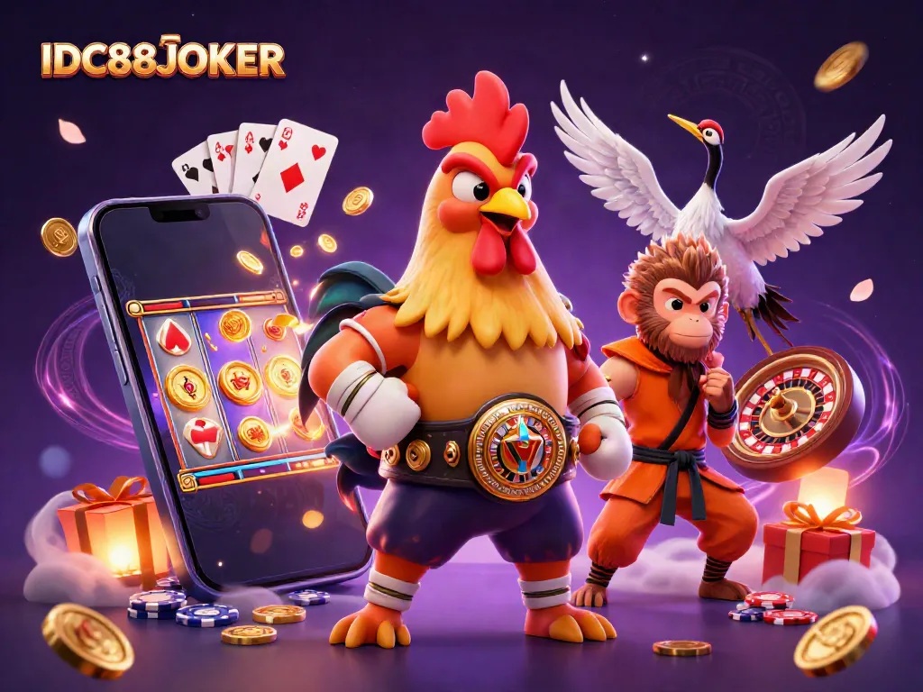 Engage with IDC88JOKER: a fierce Muay Thai rooster, Shaolin monk, and wise crane amidst vivid casino elements.