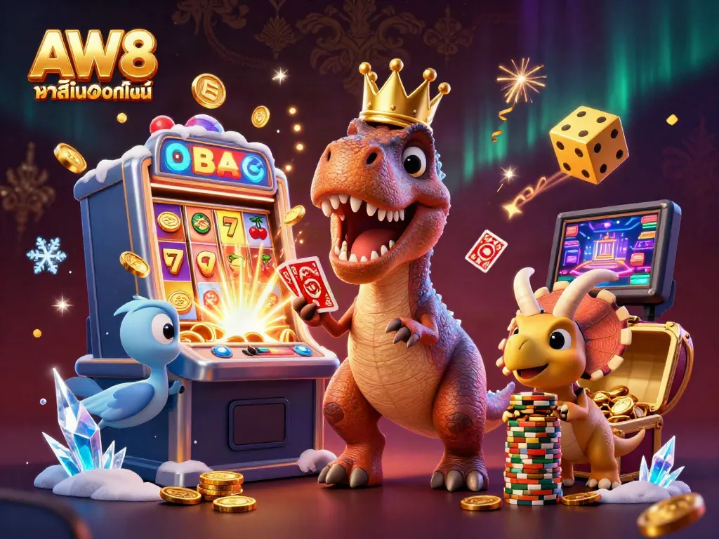 การ์ตูน 3D สุดน่ารักกับ T-Rex สวมมงกุฎทองและช่วยเหลือในการเล่นที่ AW8 คาสิโนออนไลน์