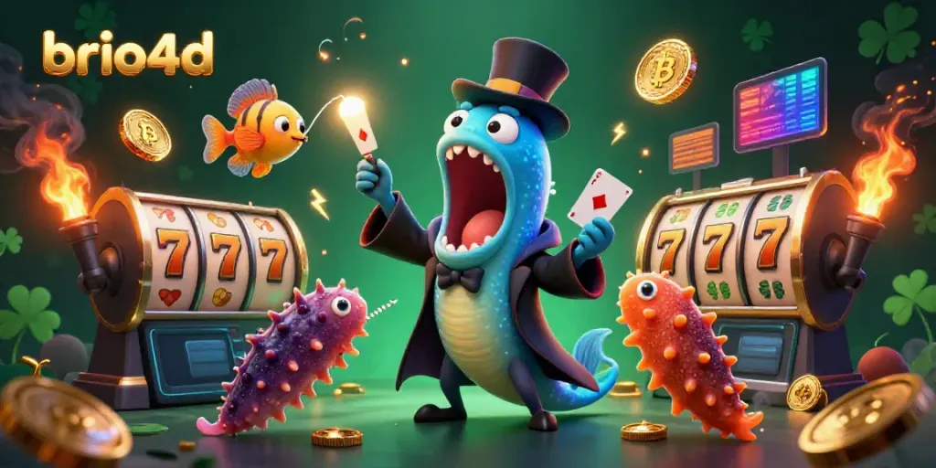 Experience the excitement of brio4d with a vibrant 3D illustration showcasing fun casino elements.