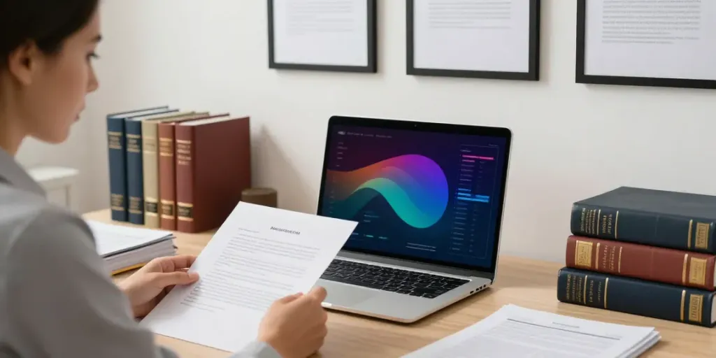 Law firm link building strategies showcased in a modern office with a lawyer analyzing data.