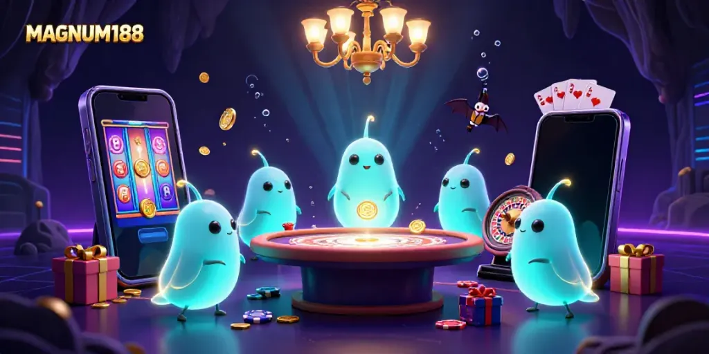 Experience MAGNUM188 with glowing glowworms lighting up a vibrant cave casino scene.