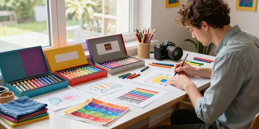 Professional crayon manufacturer creating vibrant art in a bright studio.