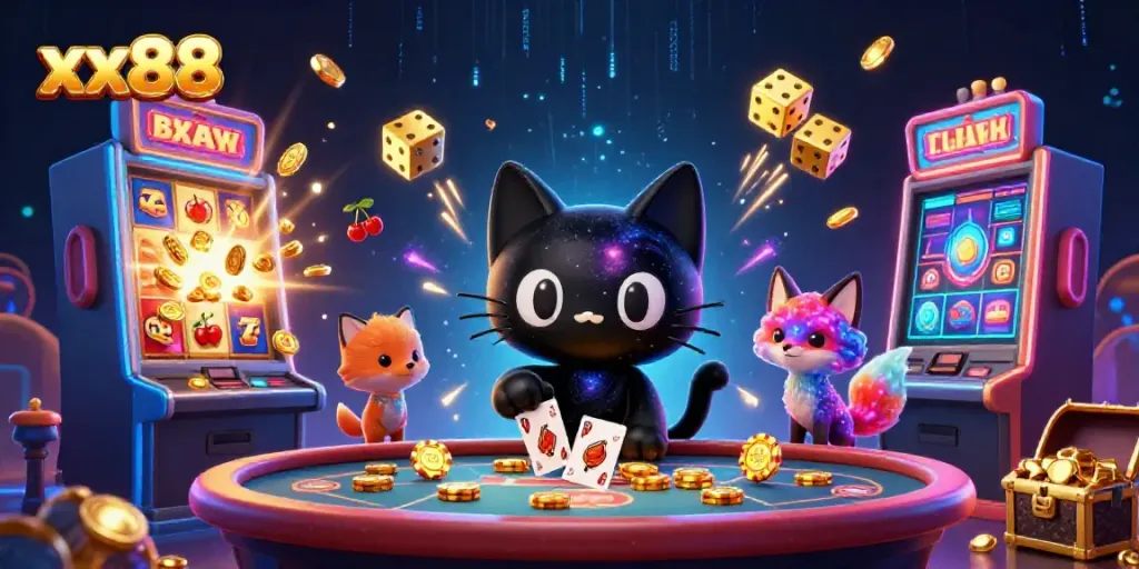 Enjoy an immersive xx88 casino experience with a cosmic black hole cat and vibrant gaming elements.