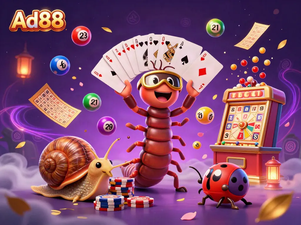 Experience Ad88's vibrant 3D casino scene featuring a playful millipede dealer and high-roller snail amidst dynamic lottery and gaming elements.