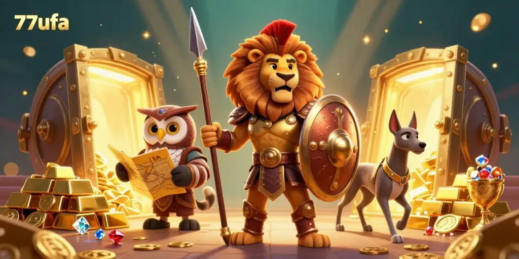 77ufa sports betting illustration featuring a Spartan lion, owl strategist, and greyhound in a treasure scene.
