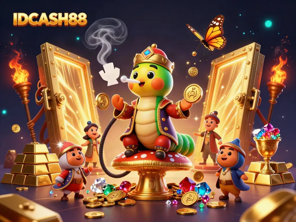Experience the excitement of IDCASH88 with a vibrant 3D casino scene featuring poker symbols and golden treasures.