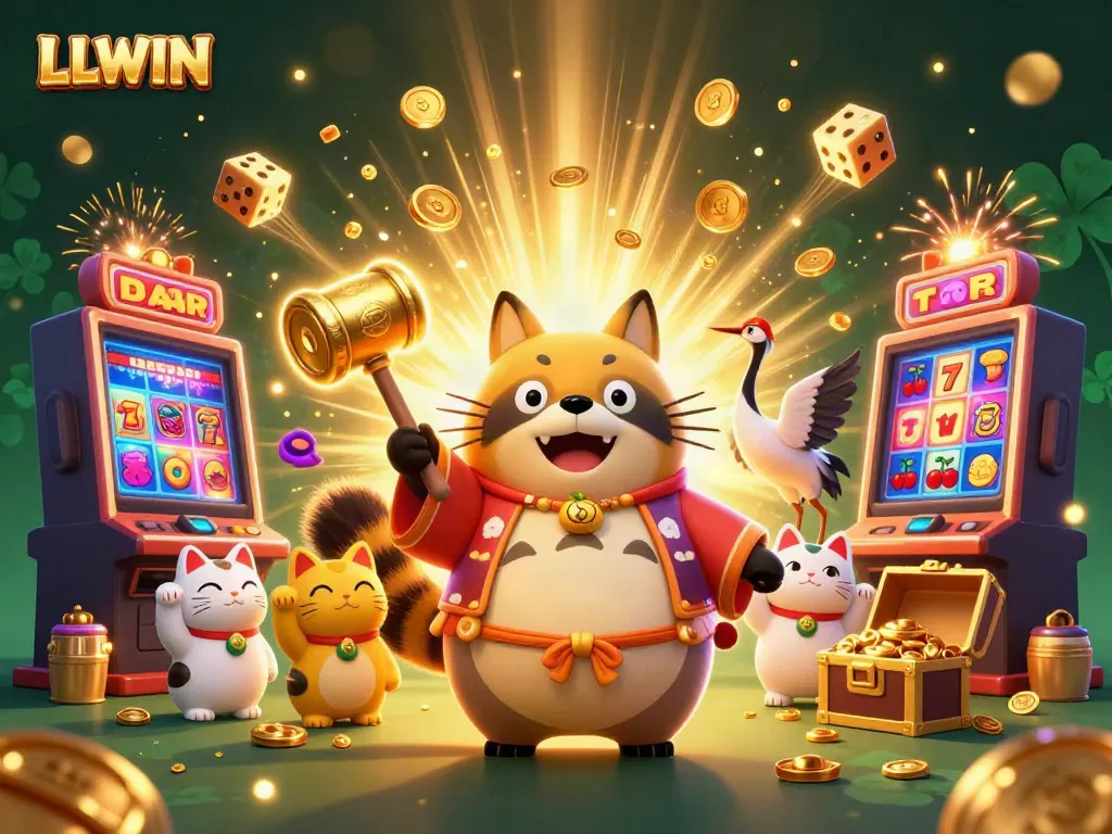 Experience thrilling jackpots with LLWIN featuring cheerful characters and vibrant casino icons.