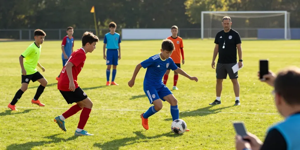 TOP10 นักเตะ showcasing young talents in football training on a sunny pitch, emphasizing skill and teamwork.