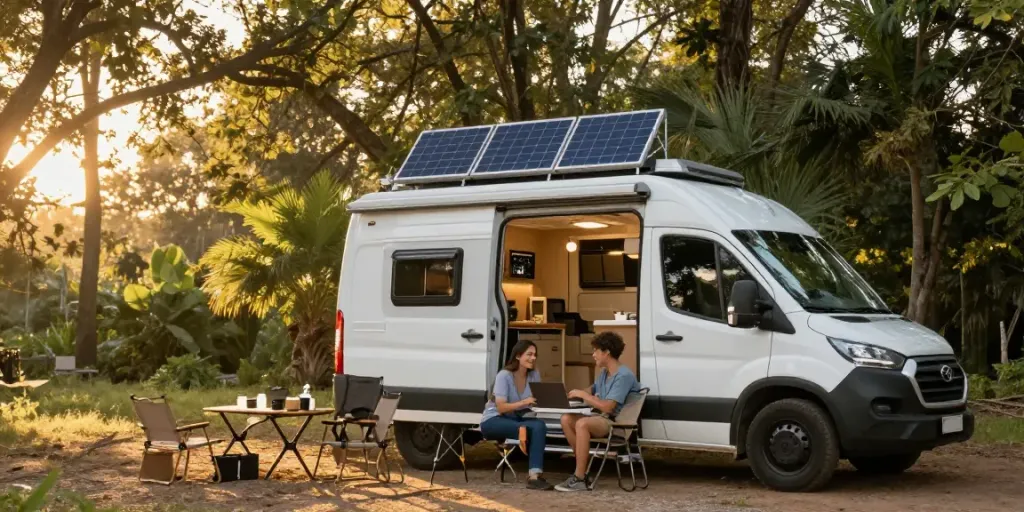 Camper van with rv lithium battery setup in serene forest during sunset.